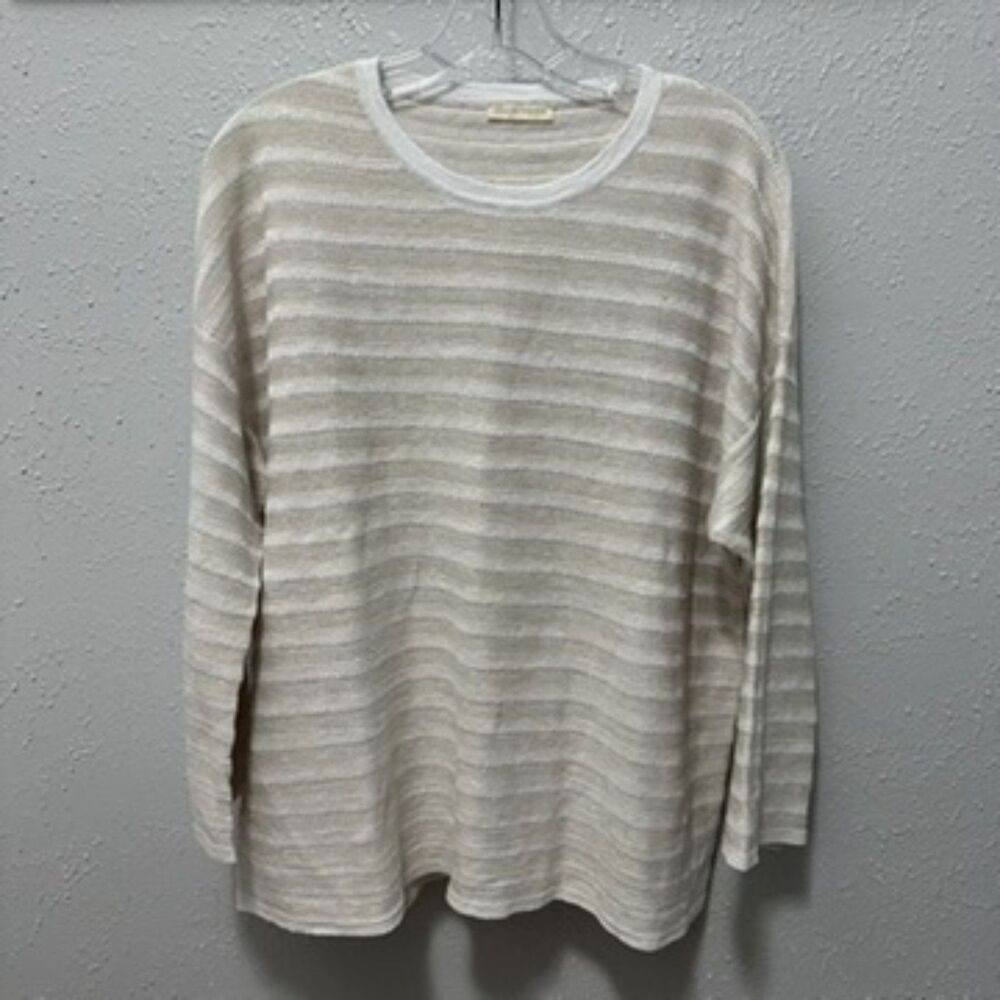Eileen Fisher Neutral Stripe Open Knit Pullover Top M/L Coastal Beach Resort